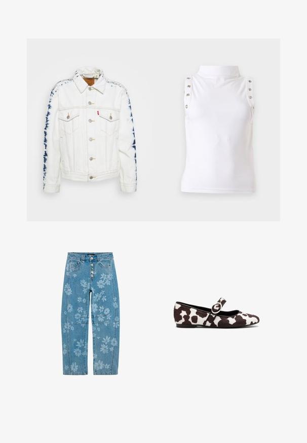 Biela denimová bunda s modrými tie-dye akcentmi na rukávoch, so striebornými gombíkmi a žltým prešívaním. Obsahuje dve náprsné vrecká.; Biely sleeveless top s vysokým golierom a kovovými gombíkmi pozdĺž okrajov ramien, zobrazený na jednoduchej svetlej pozadí.; Modré rifle z denimu s jemnou kvetinovou potlačou, zdobené farebnými gombíkmi, prednými vreckami a rovnými nohavicami.; Baleríny v bielej a hnedej farbe s kravským vzorom na koži, s okrúhlou špičkou a so strapcom s dekoratívnou okrúhlou prackou. Plochá podrážka.