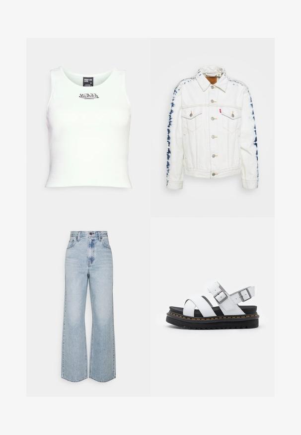 Hvid denimjakke med blå tie-dye detaljer på ærmerne, sølvknapper og gul syning. To brystlommer inkluderet.; Hvid ribbet crop tank top med rund halsudskæring og sort "Von Dutch" logo i midten. Lavet af strækbart bomuldsblandingsstof.; Lysblå denim brede ben jeans med høj talje, klassisk fem-lomme design og kontrasterende syninger. Uslebne kanter i bunden.; Hvide lædersandaler med justerbare spænder, lagdelt sort platformssål og orange syning langs kanten.