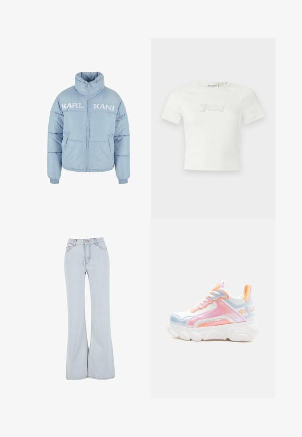 Lysblå pufferjakke med høj krave, frontlynlås og hvidt broderet "KARL KANI" logo på brystet. Samlede manchetter og kant.; Hvid kortærmet cropped T-shirt med "Juicy" i rhinsten centreret på brystet og rund halsudskæring.; Lyseblå udsvingende jeans lavet af denim med høj talje, fem lommer og kontrasterende syninger langs sømmene.; Kraftig hvid sneaker med pastelrosa, blå og orange detaljer, tyk sål, snørelukning foran og mærket trækflap på hælen.