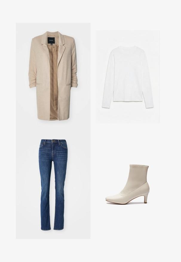 Beige blazer van een gestructureerde stof, met een enkele knoopsluiting en open voorkant. Bevat twee zijzakken en opgerolde mouwen. Binnenvoering in een lichtere tint.; Effen wit, langarmig shirt met ronde hals, plat neerligt op een witte ondergrond, waarbij de voorkant en de volledige mouwlengte zichtbaar zijn.; Blauwe straight-leg jeans met lichte vervaging, voorzakken, riemlussen en een knoopsluiting op een witte achtergrond.; Witte enkelboot gemaakt van glad leer met een spitse neus en een korte, taps toelopende hak. Beschikt over een minimalistisch ontwerp en een naadloos bovenwerk.