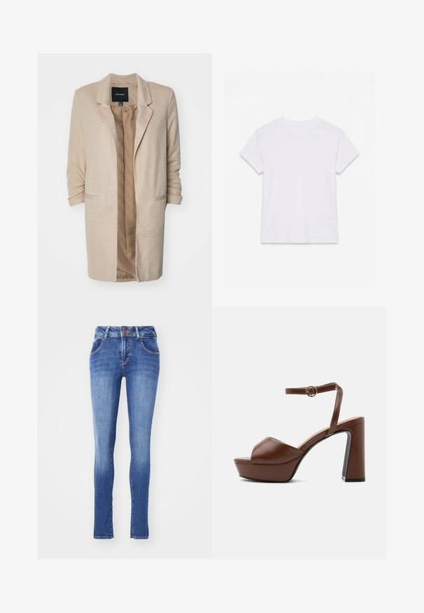 Blazer beige en tissu texturé, à fermeture à un bouton et avant ouvert. Il comprend deux poches latérales et des manches repliées. Doublure intérieure dans une teinte plus claire.; T-shirt en coton blanc uni à manches courtes et col rond, étalé à plat sur un fond blanc.; Jeans skinny en denim de couleur bleu moyen. Comprend cinq poches, une fermeture à bouton et un léger dégradé près des genoux.; Sandale à plateforme en cuir marron avec talon haut et épais, bout ouvert et bride de cheville ajustable avec boucle dorée, vue de côté.
