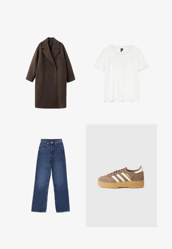 Brun hundetandsfrakke med dobbeltradet design, brede revers og to forlommer. Lavet af tekstureret stof, skræddersyet med en løs pasform.; Hvid kortærmet t-shirt med rund halsudskæring, lavet af letvægtsstof. Enkel design, glat tekstur og lige kant.; Bredde ben blå denim jeans med høj talje, der har en knaplukning, fem lommer og diskret falmning på stoffet.; Brun ruskindsneaker med tre hvide striber, gylden branding og en struktureret gummisål. Rundet tå og polstret krave for komfort.