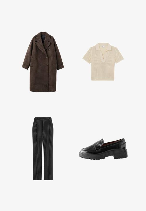 Brauner Hahnentrittmantel mit doppelreihigem Schnitt, breiten Revers und zwei Fronttaschen. Hergestellt aus strukturiertem Stoff, locker geschnitten.; Beige kurzärmliges Strick-Poloshirt mit offenem V-Ausschnitt und dezent gerippter Struktur, leichtem Stoff und entspannter Passform.; Schwarze Nadelstreifenhose mit hoher Taille, gefaltetem Vorderteil und geradem Bein. Der Stoff wirkt strukturiert und ist maßgeschneidert für einen formellen Look.; Schwarze Lackleder-Lofer mit einer klobigen Gummisohle, runder Spitze und einem genähten, erhöhten Riemen über dem Spann.
