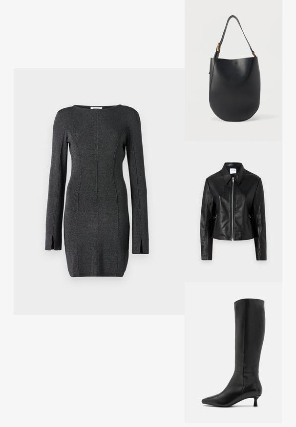 Samsøe Samsøe SASHILOH - Veste en cuir - black; Robe tricotée noire à manches longues, avec des fentes latérales, un col rond et des coutures pour un silhouette cintrée.; Zign Bottes - black; Sac seau en cuir noir avec une large bandoulière réglable et des accents de boucles dorées sur un fond blanc uni.