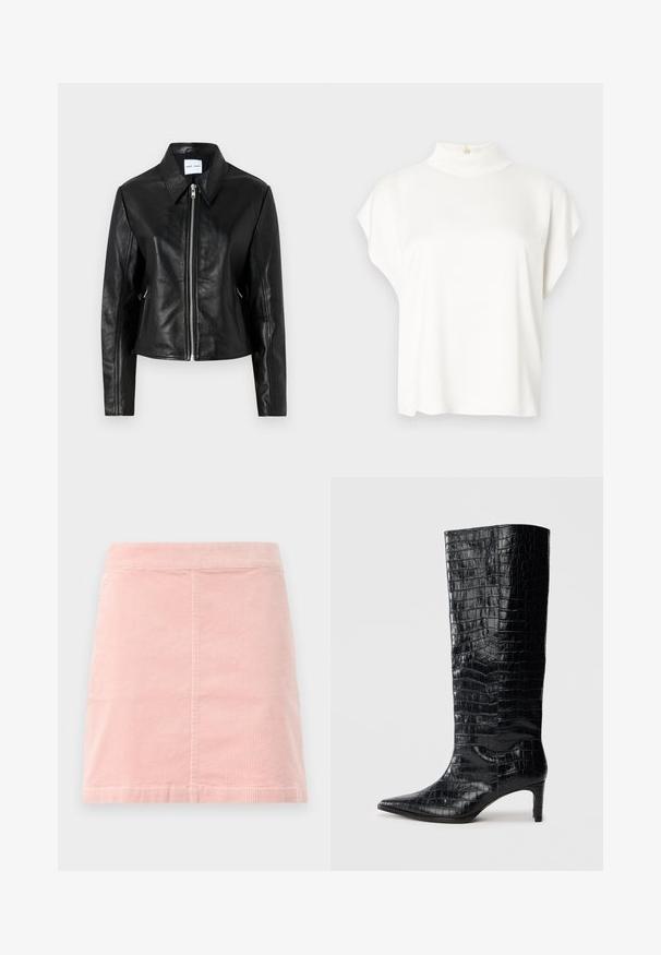 Samsøe Samsøe SASHILOH - Lederjacke - black; Weißes Kurzarm-Top mit hohem Ausschnitt, gefertigt aus weichem Stoff. Mit Knopfdetail am Nacken hinten. Schlichte, lockere Silhouette.; Rosa Cord-Ripp-Minirock mit taillierter Passform und vertikaler Rippstruktur. Der Saum ist gerade und er hat ein schlichtes Design ohne Verzierungen.; Schwarze kniehohe Stiefel mit glänzender, krokodilgeprägter Textur, spitzer Zehenpartie und schmalem Absatz. Glattes synthetisches Material.