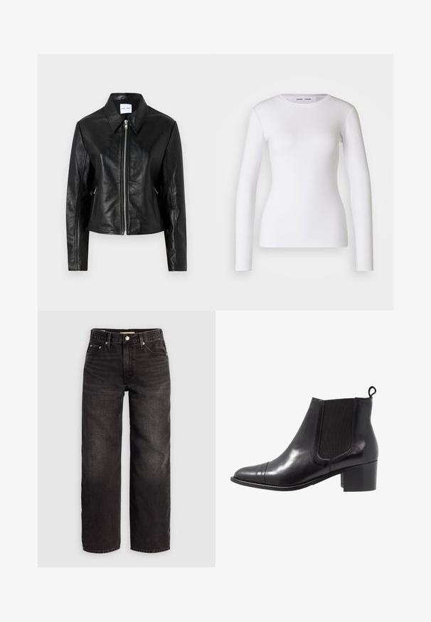 Samsøe Samsøe SASHILOH - Veste en cuir - black; Chemise blanche à manches longues en tissu côtelé, avec un col rond et une coupe cintrée. Aucun motif ni accent présent.; Levi's® BAGGY DAD - Jean baggy - shrink up; Botte de cheville en cuir noir avec des panneaux élastiques sur les côtés, bout rond et talon en bloc texturé. Dispose d'une languette en boucle à l'arrière pour un enfilage facile.