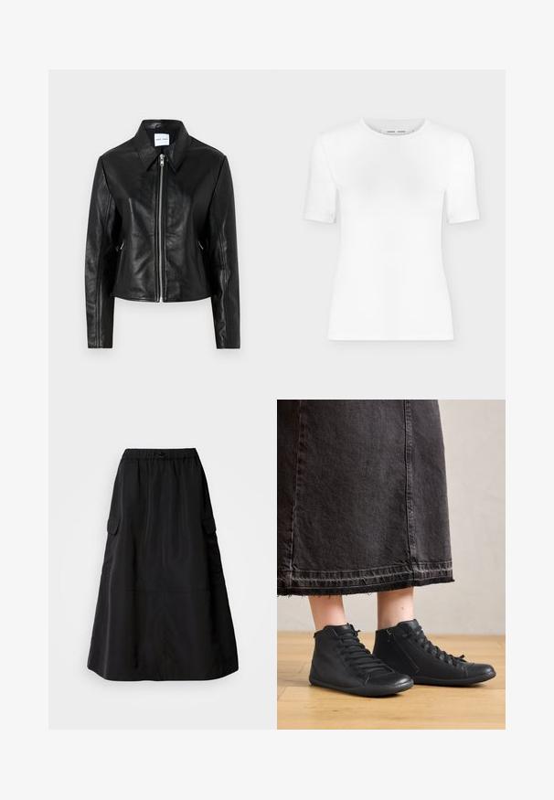 Samsøe Samsøe SASHILOH - Leren jas - black; Wit T-shirt met korte mouwen en een ronde hals, een slanke pasvorm en geribbelde stof, weergegeven op een effen lichtgrijze achtergrond.; Zwarte rok met een losse pasvorm, gemaakt van gladde stof. Voorzien van een elastische tailleband en twee zijcargo zakken. Middellange uitvoering.; Zwarte leren hoge schoenen met een gladde textuur, met veters en een zijrits. G gedragen bij een lange zwarte spijkerrok.