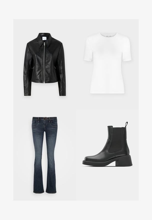 Samsøe Samsøe SASHILOH - Læderjakker - black; Hvid T-shirt med rund hals, korte ærmer, slank pasform og ribbet stofstruktur, vist på en ensfarvet lys grå baggrund.; Mørkeblå vide jeans med mellemhøj talje, fem lommer og subtile stikningsdetaljer. Fremstillet af denim med en glat tekstur.; Sorte læder ankelstøvler med elastiske sidepaneler, afrundet tå og en kraftig blokhæl. Glat tekstur med et minimalistisk design.
