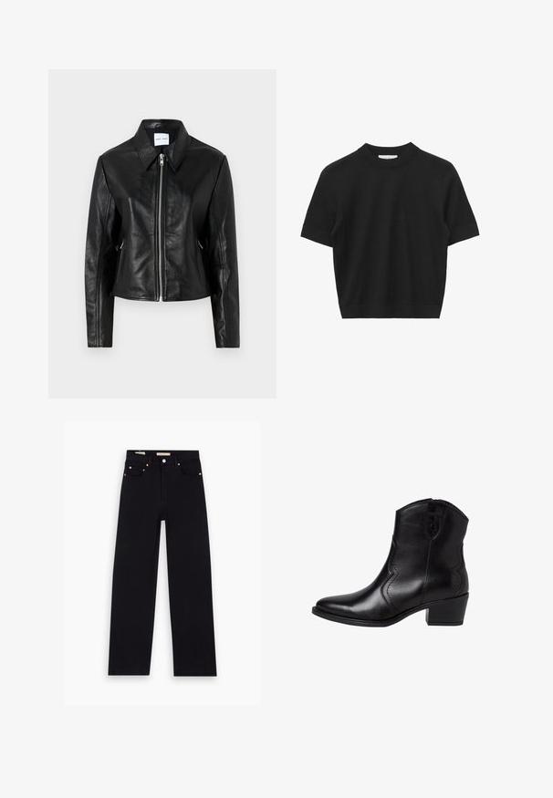 Samsøe Samsøe SASHILOH - Lederjacke - black; Schwarzer Strickpullover mit kurzen Ärmeln, Rundhalsausschnitt und gerippten Bündchen sowie Saum, vor weißem Hintergrund präsentiert.; Schwarze Denim-Jeans mit geradem Schnitt, fünf Taschen, Kupferbeschlägen und einer glatten Textur. Zwei Etiketten sind am Bund sichtbar.; Schwarze Leder-Stiefeletten mit einer spitzen Zehenform, geschwungenen Seitennähten und einem niedrigen Blockabsatz. Verfügt über einen Reißverschluss und eine glatte Textur.