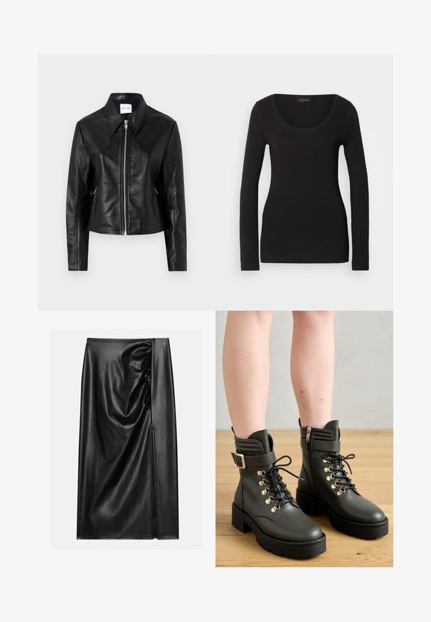 Samsøe Samsøe SASHILOH - Læderjakker - black; Sort langærmet top med en rund halsudskæring, lavet af blødt, strækbart stof. Har en tætsiddende pasform og glat tekstur. Brandlabel synlig.; Sort læderskirt med en glat overflade, der har en indsamlet sektion på den ene side og en skråning på siden for ekstra detaljer.; Mørkegrønne ankelstøvler i glat læder, med snørebånd, messingfarvede øjer og en sidelukning, samt en kraftig sort skridsikker sål.