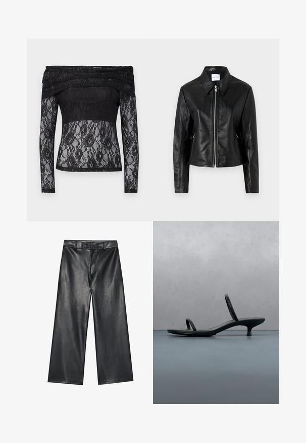 Samsøe Samsøe SASHILOH - Læderjakker - black; Sorte blonder top med lange ærmer og off-the-shoulder design. Har et blomstermønster, gennemsigtig tekstur og solid stofpanel ved taljen.; Sorte læder bukser med brede ben og en glat tekstur, bæltestropper og en frontlynlås. Har en løs pasform og rene syninger.; Sort Calvin Klein sandal med hæl og tynde stropper, balancerende på træfliser udendørs nær en væg og grønne planter.