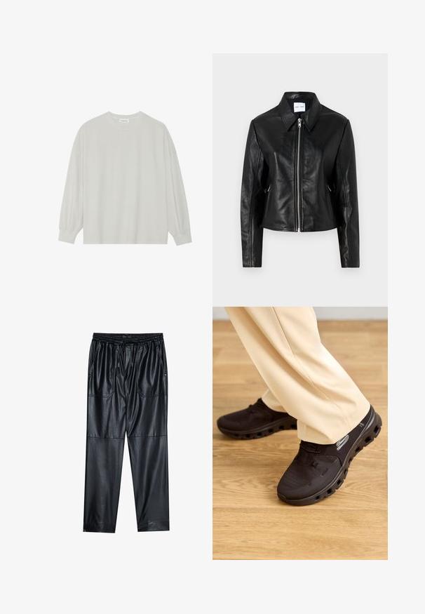 Samsøe Samsøe SASHILOH - Chaqueta de cuero - black; Camiseta de manga larga gris claro hecha de algodón suave. Presenta un corte holgado, cuello redondo y puños ligeramente fruncidos. Sin patrones ni gráficos.; Pantalones de imitación cuero negros con cintura elástica, cordón ajustable y dos bolsillos frontales. Presentan un corte holgado y cónico, además de una textura suave.; Zapatillas deportivas de malla negras con una suela gruesa, presentando un diseño texturizado y un logo de acento. Llevadas con pantalones beige sobre un suelo de madera.
