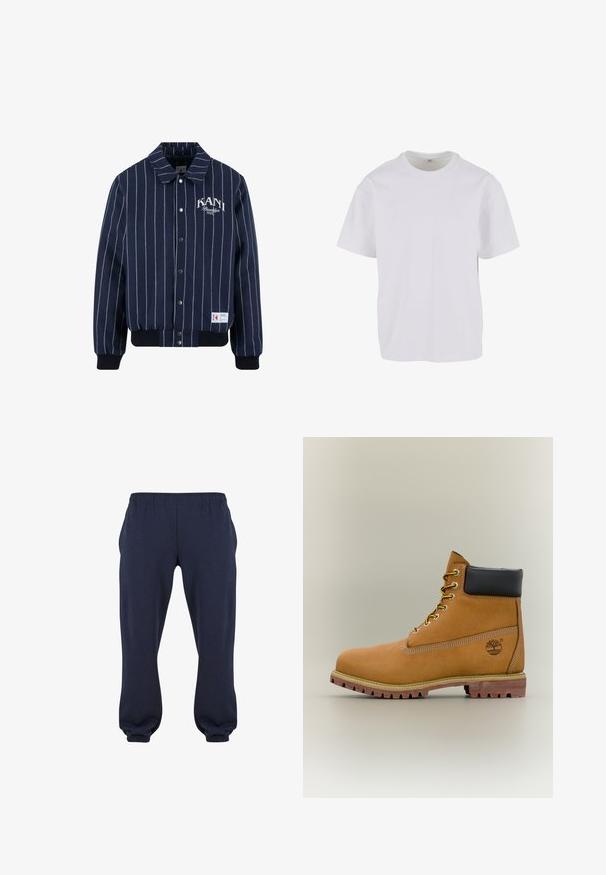 Karl Kani PINSTRIPES - Chaquetas bomber - dark blue/off white; Camiseta blanca de manga corta hecha de algodón suave, con un cuello redondo y un corte relajado con dobladillo recto. Sin patrones ni acentos visibles.; Pantalones sudadera azul marino con cintura elástica y puños ajustados, confeccionados en tela suave, sin patrones ni herrajes visibles.; Bota de tobillo de cuero marrón con cuello negro, cordones amarillos y suela beige. Presenta un logotipo y detalles de costura blanca. Suela exterior con tracción robusta.