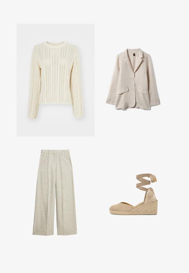 Blazer de lino beige claro con dos bolsillos delanteros con solapa, cierre de dos botones, cuello con solapa entallada y mangas largas.; Suéter de punto color crema con un patrón texturizado de rayas verticales y un diseño de calado; cuenta con mangas largas y un escote redondo.; Pantalones de lino beige de pierna ancha con frente plegado, que presentan una cintura alta y líneas limpias, perfectos para una comodidad transpirable.; Alpargata beige con cuña, puntera cerrada, tira trenzada que se envuelve alrededor del tobillo y suela plataforma de yute trenzado.