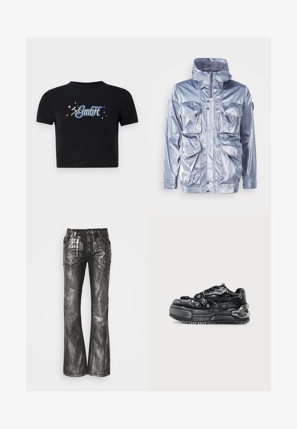 Sølv vandtæt jakke med lynlåslukning, justerbar hætte og fire frontlommer. Har en glinsende overflade og trykknapper.; Sort cropped t-shirt lavet af bomuld med en rund halsudskæring, prydet med et blåt og hvidt "GmbH" logo omgivet af små stjerner, trykt på forsiden.; Sorte denim flared bukser med en skinnende sølvfinish, der har fire lommer og synlige sømme. Teksturen viser en børstet, metallisk effekt.; Sort chunky sneaker med tyk sål, snørebånd, teksturerede stropper og metal detaljer på hælen og siderne mod en lys baggrund.
