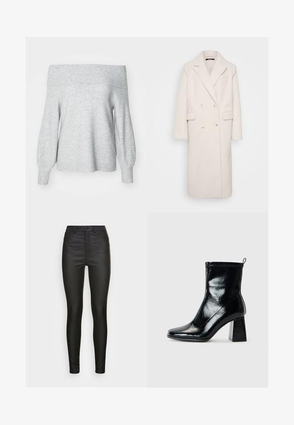 Dobbeltradet lang uldfrakke i off-white med en tekstureret finish. Har brede revers, to forlommer og cremefarvede knapper.; Lysegrå off-shoulder striktrøje med ribbet halsudskæring og manchette, der har en afslappet pasform og blød tekstur.; Vero Moda VMSANDRA COATED - Bukser - black; Sorte patent ankelstøvler med firkantet tå og chunky geometrisk hæl. Har en glat, skinnende overflade og en bageste løkke til nem påklædning.