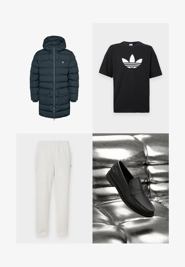U.S. Polo Assn. UMALBERT - Zimný kabát - dark sapphire; Čierne bavlnené tričko s krátkymi rukávmi, na ktorom sa nachádza veľké biele logo Adidas a tri horizontálne pruhy na dolnej časti. Klasický dizajn s kruhovým výstrihom.; Krémové teplákové nohavice s elastickým pásom, zúženými nohavicami a malým logom na ľavom stehne. Mäkká textúra tkaniny, minimalistický dizajn.; Čierne kožené mokasíny s hladkou textúrou, zdobené švami a klasickým dizajnom, zobrazené na kovovom, lesklom pozadí.