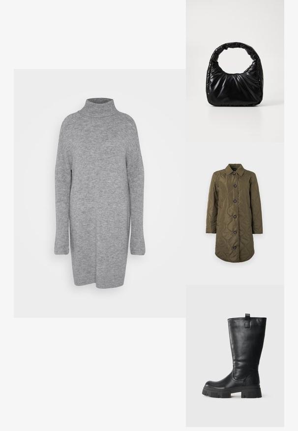 Long manteau matelassé vert olive avec col et cinq boutons noirs sur le devant, présenté sur un fond blanc.; Pull à col roulé gris avec des manches longues. Texture douce et tricotée ; coupe ample ; longueur mi-thigh ; sans motifs ni accents visibles.; Botte en cuir noire mi-mollet avec semelle crantée épaisse et attache sur le côté, présentée en profil sur un fond blanc.; Sac à main noir rembourré avec une poignée arrondie, présentant une surface lisse et brillante ainsi qu'une texture douce et matelassée. Pas de quincaillerie ou d'accents visibles.