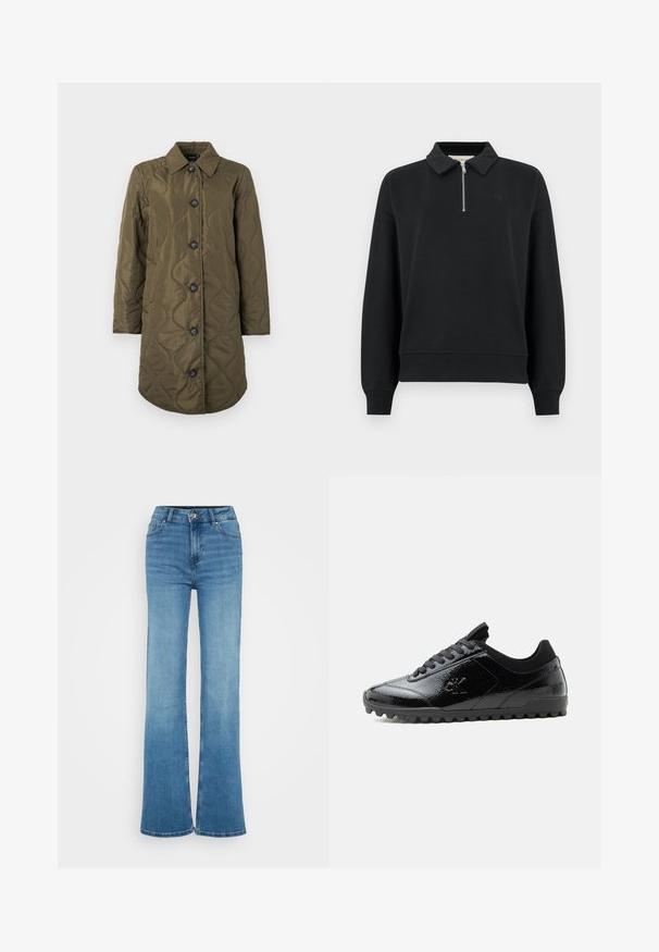 Lang olivengrøn quiltet frakke med krave og fem sorte knapper foran, vist på en hvid baggrund.; Sort sweatshirt med lynlåslukning ved kraven, lange ærmer, ribstrikkede manchetter og en lille logo foran. Blød, glat stoffaktur.; Højtaljede blå denim flared jeans med en glat tekstur, syninger på frontlommerne og rå kanter ved de brede benåbninger.; Sort blank lavtop-sneakersko med tekstureret sål, snørelukning foran og diskret "cK"-logo på siden.