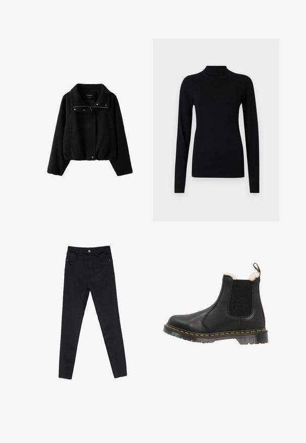 Schwarze kurze Jacke mit Reißverschluss- und Druckknopfverschlüssen, hohem Kragen, langen Ärmeln und Seitentaschen.; Schwarzer, enganliegender Rollkragenpullover mit langen Ärmeln, gerippten Bündchen und Saum auf hellgrauem Hintergrund.; Schwarze enge Jeans aus Denim mit hoher Taille, Fünf-Taschen-Design und rohem Saum an den Knöcheln. Klassischer Knopf- und Reißverschluss.; Schwarze Leder-Stiefelette mit strukturierten Seitenpanelen, weichem weißen Kunstfellfutter, gelben Nähten und einer strapazierfähigen Gummisohle.