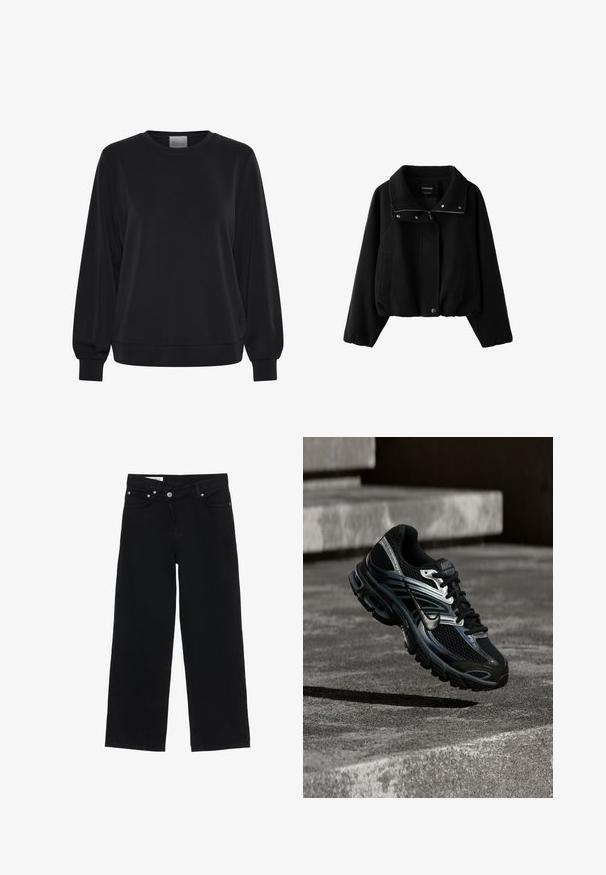 Sort cropped jakke med lynlås og trykknapper, høj krave, lange ærmer og sidelommer.; Sort sweatshirt med lange ærmer, rund hals og ribbede manchetter. Har en glat tekstur og et diskret logo-detalje på fronten.; Sorte, højtaljede jeans med vide ben, frontknap og lynlåslukning, bæltestropper og fem lommer på hvid baggrund.; Sort og sølv Nike løbesko svævende over betontrappe, viser detaljeret design og tekstureret sål i udendørs omgivelser.