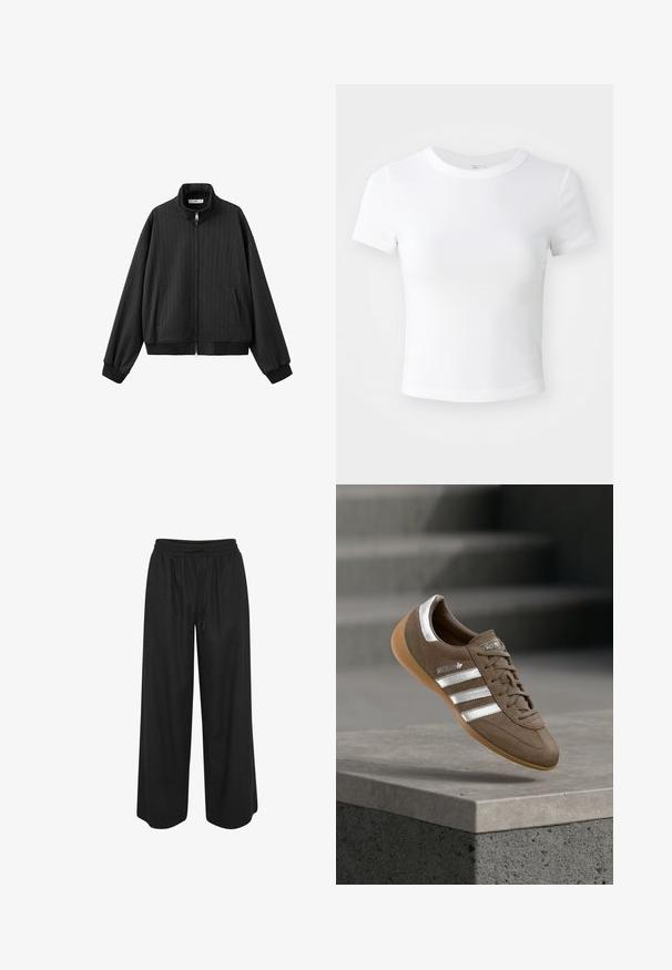 Chaqueta bomber negra con cuello alto, que presenta rayas verticales, puños y dobladillo acanalados, y cierre frontal con cremallera y bolsillos laterales.; Camiseta corta de manga corta blanca, con cuello redondo, exhibida sobre un fondo neutral claro.; Pantalones negros de pierna ancha con cintura elástica y cordón, hechos de tela ligera, mostrados sobre un fondo blanco.; Zapatilla deportiva de ante marrón con franjas blancas y detalles plateados, con parte superior texturizada, diseño con cordones y suela de goma color chicle.