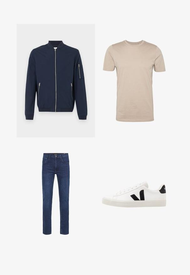 Chaqueta bomber azul marina con cremalleras frontales, bolsillos con cremallera en los lados, bolsillo con cremallera en la manga izquierda, puños y cuello acanalados.; Camiseta de algodón beige, de mangas cortas, cuello redondo, textura suave, diseño sin costuras, tejido ligero, sin logotipos ni patrones visibles.; Vaqueros de mezclilla azul oscuro con un diseño de pierna recta, cinco pockets y un clásico cierre de botón. Textura suave con detalles de desvanecimiento sutil.; Zapatilla de cuero blanca con acentos de ante negro; presenta una suela de goma, puntera redonda y un diseño clásico de cordones. Logo lateral en negro.