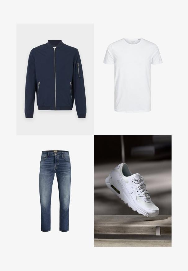 Marineblauwe bomberjack met rits aan de voorkant, ritszakken aan de zijkanten, ritszak op de linker mouw, ribgebreide manchetten en kraag.; Ronde hals kortemouwen t-shirt in effen wit, gemaakt van zachte katoen, heeft een eenvoudig ontwerp zonder zichtbare patronen of accenten.; Donkerblauwe denim jeans met een rechte snit, vervaagde voorkant, vijf-pocket ontwerp en contrasterende stiksels. De zomen zijn iets opgerold.; Witte Nike Air Max 90 sneaker met een bovenwerk van mesh en leer, een geperforeerde teenbox en een zichtbare luchtunit in de hiel.