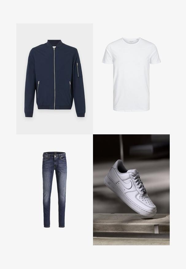 Marineblauwe bomberjack met rits aan de voorkant, ritszakken aan de zijkanten, ritszak op de linker mouw, ribgebreide manchetten en kraag.; Ronde hals kortemouwen t-shirt in effen wit, gemaakt van zachte katoen, heeft een eenvoudig ontwerp zonder zichtbare patronen of accenten.; Donkerblauwe slim-fit jeans met lichte vervaging op dijen en knieën, met voorzakken, riemlussen en een knoopsluiting.; Witte Nike Air Force 1 sneaker van leer met geperforeerde neus, platte veters en een gestructureerde rubberen zool met "AIR"-logo aan de zijkant.