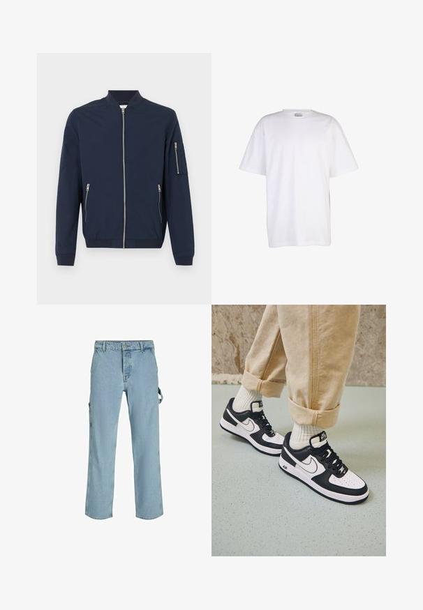 Marineblaue Bomberjacke mit Frontreißverschluss, Reißverschlusstaschen an den Seiten, Reißverschlusstasche am linken Ärmel, gerippte Bündchen und Kragen.; Schlichtes weißes Kurzarm-T-Shirt aus Baumwolle mit rundem Ausschnitt und lockerem Schnitt, auf weißem Hintergrund dargestellt.; Hellblaue Denim-Cargo-Hosen mit entspannter Passform, ausgestattet mit seitlichen Befestigungsschlaufen und Fronttaschen, die eine ausgewaschene Textur aufweisen.; Schwarz-weiße Nike Air Force 1 Sneaker mit einem Obermaterial aus Leder, perforierter Zehenpartie und strukturiertem Sohlendesign, getragen mit aufgerollten beigen Hosen und weißen Socken.
