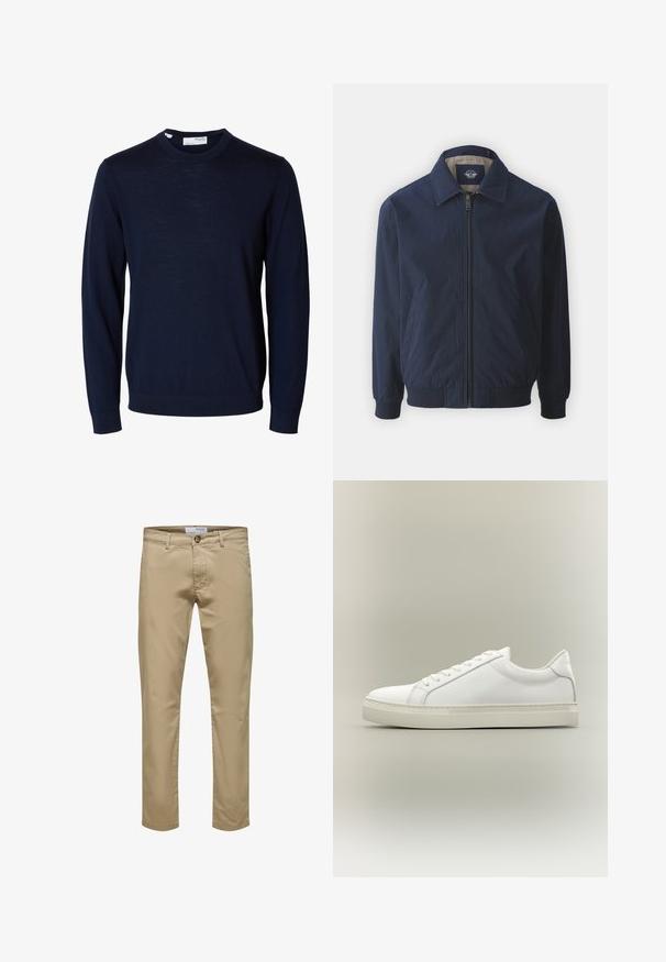 Marineblaue Bomberjacke mit einem Frontreißverschluss, Stehkragen und elastischen Bündchen. Verfügt über ein glattes Material und seitliche Taschen.; Marineblauer Langarmpullover mit Rundhalsausschnitt, gerippten Bündchen und Saum, gefertigt aus feinem Strickstoff.; Beige Slim-Fit-Hose mit Knopf- und Reißverschluss, Gürtelschlaufen und Vordertaschen, auf weißem Hintergrund dargestellt.; Weißer Sneaker mit niedrigem Schaft, vorn mit Schnürung und dicker Sohle, aus der Seitenansicht vor neutralem Hintergrund.