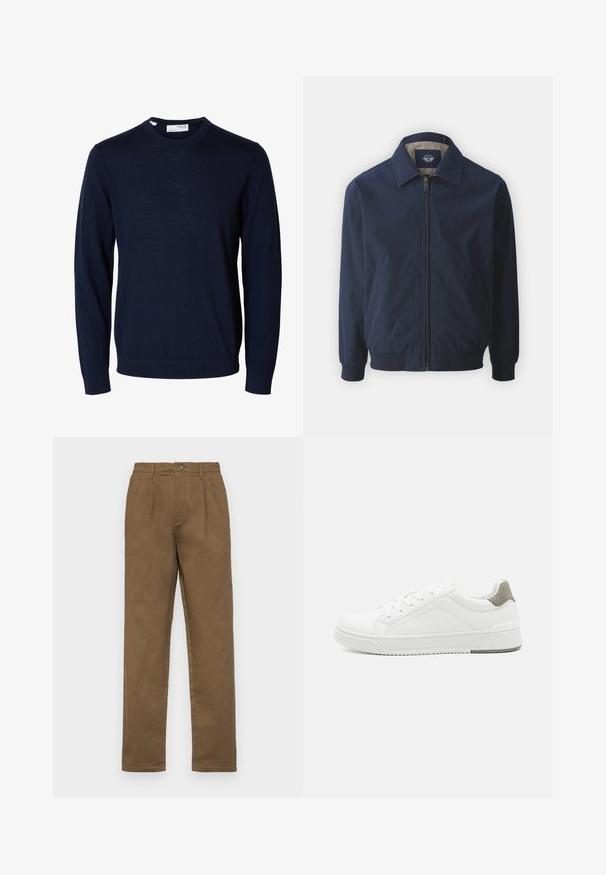 Chaqueta bomber azul marino con cremallera frontal, cuello alzado y puños elásticos. Cuenta con una tela suave y bolsillos laterales.; Jersey azul marino de manga larga con cuello redondo, puños y bajo acanalados, hecho de tejido fino de punto.; Pantalones de algodón marrón con un corte recto, presentan un cierre de un botón, pasadores para cinturón y pliegues marcados en la parte delantera.; Zapatilla blanca con material de cuero liso, punta redonda, diseño minimalista, acento gris en el talón y suela de goma texturizada.
