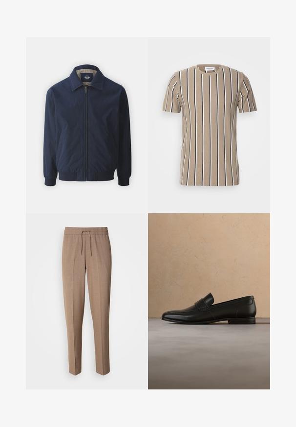 Navyblauwe bomberjack met een voorrits, staande kraag en elastische manchetten. Bevat een gladde stof en zijzakken.; Beige katoenen t-shirt met horizontale strepen in donkerbruin en wit, ronde hals en korte mouwen. Zachte textuur en casual ontwerp.; Bruine, geweven stoffen broek met een relaxte pasvorm, trekkoord taille en plooien aan de voorkant. Rechte pijpen en geen zichtbare zakken of hardware.; Zwarte leren loafer schoenen zwevend in de lucht boven een beige tapijt met een beige bank op de achtergrond.