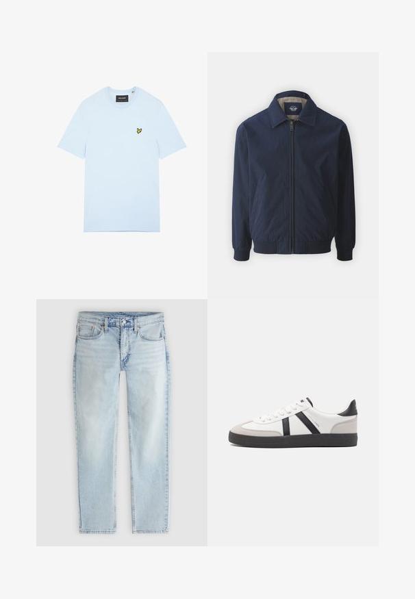 Navyblauwe bomberjack met een voorrits, staande kraag en elastische manchetten. Bevat een gladde stof en zijzakken.; Lichtblauw katoenen T-shirt met een ronde hals, voorzien van een klein geel vogellogo geborduurd op de linkerborst. Korte mouwen, effen kleur.; Lichtblauwe rechte jeans met knoop- en ritssluiting aan de voorkant, voor- en achterzakken en zichtbare stikseldetails.; Witte sneaker met zwarte en grijze accenten, voorzien van een grijze neus met textuur, zwarte rubberen zool en platte witte veters. Schoon ontwerp, minimalistische stijl.