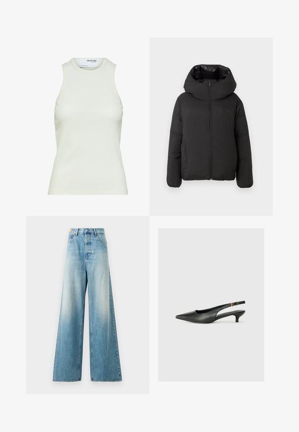 Replay JACKET - Zimná bunda - black; Biele rebrované tielko bez rukávov s okrúhlym výstrihom od Selected Femme, zobrazenie z prednej strany bez vzorov alebo ozdôb.; Džínsy s širokými nohavicami v svetlo modrej farbe s vyblednutými miestami. Vlastnosti: vysoký pás, štandardný dizajn s piatimi vreckami a kovová gombíková príloha.; Čierne body topánky s otvorenou pätou vyrobené z hladkej kože. Zobrazuje tenké opätky a ozdobný detail s prackou na nastaviteľnom popruhu.