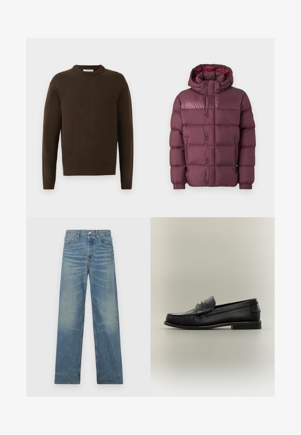 Bordeaux pufferjakke med hætte, der har et quilted design, lynlåslommer i siden og en glat, shiny overflade.; Brun strikket sweater med rund hals, lange ærmer og ribbede manchetter. Blød tekstur, glat finish og en afslappet pasform.; Blå lige ben jeans med falmet vask, lette malingspletter, frontknap og fem-lommes design på en hvid baggrund.; Sort læder slip-on loafer med lav hæl, guldbeslag og præget mærkenavn på siden mod en neutral baggrund.
