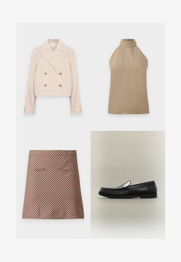 Beige cropped dobbeltradet jakke med store revers, to sidelommer og knapdetaljer. Fremstillet af et glat, letvægtsstof.; Ærmeløs beige top med høj hals og knaplukning bagpå, lavet af et let stof.; Kort ternet nederdel med et skakmønster i rød, sort og creme. Den har en glat overflade og to forlommer.; Sort læder loafer med moc toe-syning, lav hæl og slip-on design mod en neutral baggrund.