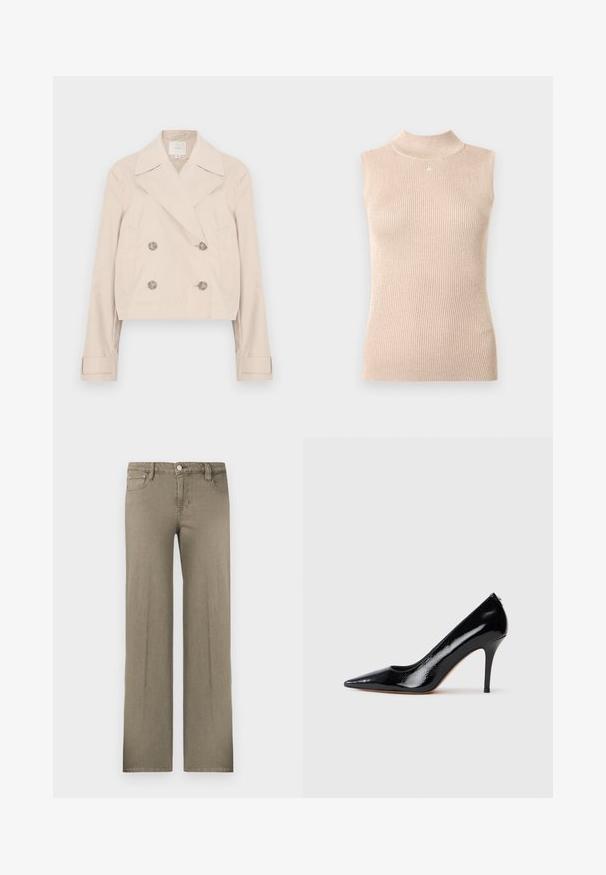 Veste courte beige à double boutonnage avec grands revers, deux poches latérales et boutons décoratifs. Confectionnée dans un tissu lisse et léger.; Haut sans manches à col montant en maille côtelée beige doux. Présente un léger éclat, une forme ajustée et un petit logo au niveau de l'encolure.; Pantalon à jambes larges de couleur vert olive, en denim. Il présente une conception classique à cinq poches, une fermeture à boutons et une texture subtile.; Escarpin à talon haut en cuir verni noir avec un bout pointu, présentant une texture lisse et un talon aiguille mince. Aucun accessoire visible.