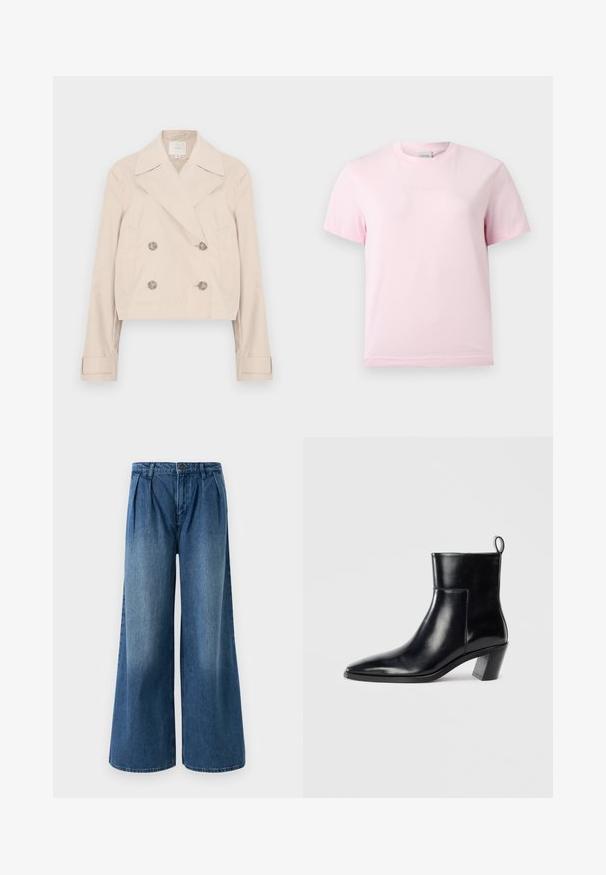 Cazadora corta de color beige con doble botonadura, grandes solapas, dos bolsillos laterales y detalles de botones. Confeccionada con una tela suave y ligera.; Camiseta de manga corta y cuello redondo en rosa claro, con un sutil logo en relieve de "Calvin Klein" centrado en el pecho.; Pantalones vaqueros de pierna ancha hechos de mezclilla azul media, con plisados en la cintura y un diseño frontal plano. Dobladillo sencillo sin adornos visibles.; Botín de piel negra hasta el tobillo con punta afilada, tacón apilado geométrico y una lengüeta en la parte posterior. Textura suave y diseño elegante.