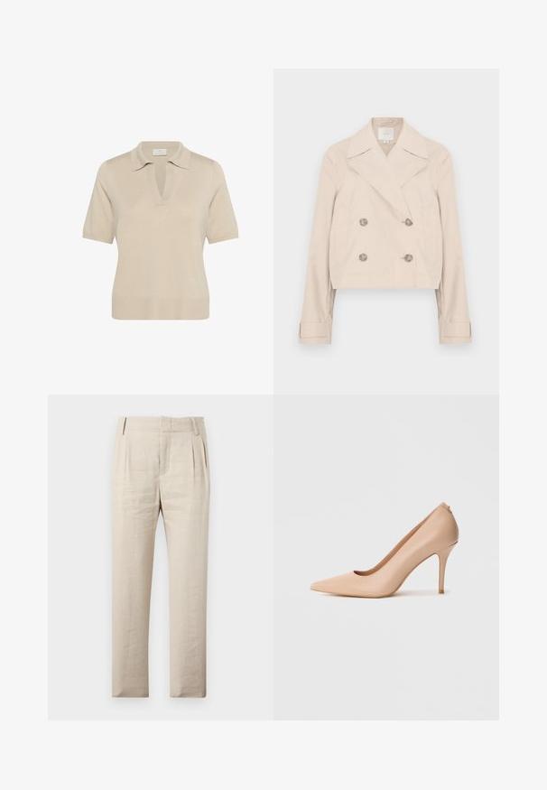 Veste courte beige à double boutonnage avec grands revers, deux poches latérales et boutons décoratifs. Confectionnée dans un tissu lisse et léger.; Polo en maille beige avec un col en V et des manches courtes. Doté d'un col et d'un ourlet côtelé, fabriqué à partir d'un tissu doux et texturé.; Pantalon beige sur mesure avec plis devant, poches latérales, passants pour ceinture et coupe droite sur fond blanc.; Escarpin à talon haut en cuir beige avec un bout pointu, une texture lisse et un talon aiguille fin. Design minimaliste avec un style à enfiler.