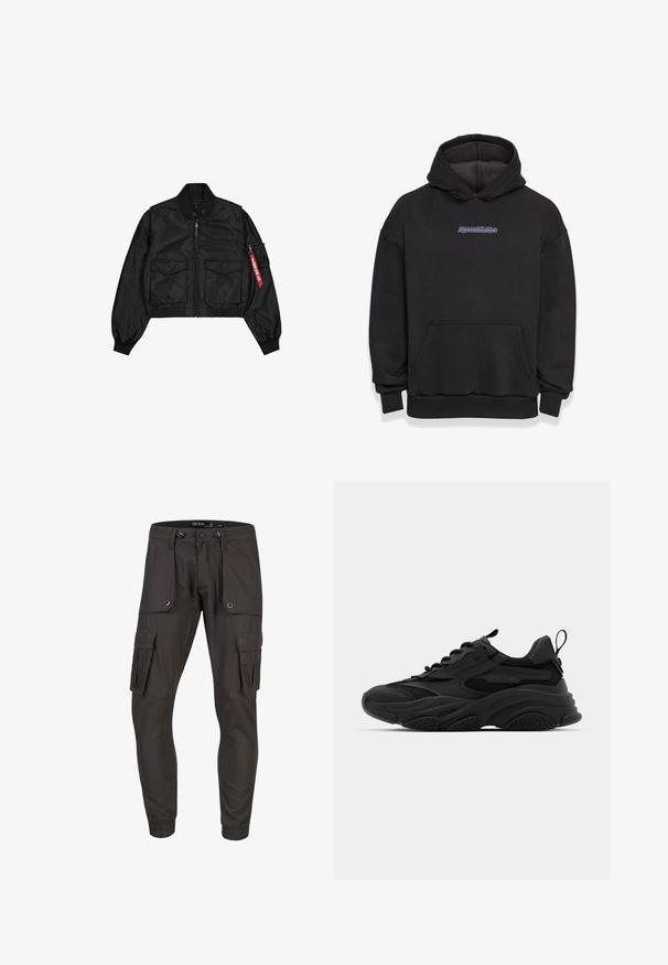 Sort cropped bomberjakke lavet af satinlignende materiale med rund hals, to forlommer og en sidelomme med lynlås med en rød fane.; Sort hætte sweatshirt lavet af en blanding af bomuldsstof. Har en frontlomme og et logo i blå og rød. Ribbekanter ved håndleddene og kanten.; Cargo bukser i mørkegråt stof med flere sidelommer, snørelukning i taljen og elastiske manchetter. Struktureret overflade og praktisk design.; Sorte atletiske sneakers med en kraftig sål, meshpaneler og gummidetaljer. Har en trækflap ved hælen og strukturerede mønstre.