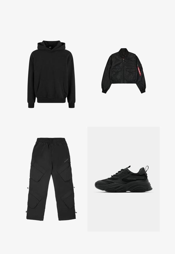 Schwarze, kurz geschnittene Bomberjacke aus satinähnlichem Material mit rundem Kragen, zwei Fronttaschen und einer seitlichen Reißverschlusstasche mit rotem Tab.; Schwarzer Hoodie mit Kängurutasche, weiten Ärmeln und gerippten Bündchen sowie Saum. Hergestellt aus weichem Stoff mit glatter Textur.; Schwarze Cargo-Hosen aus leichtem, strukturiertem Material. Verfügen über einen elastischen Bund, mehrere große Taschen und verstellbare Bündchen.; Schwarze Sportschuhe mit einer dicken Sohle, Mesh-Einsätzen und Gummidetails. Verfügen über eine Zuglasche an der Ferse und strukturierte Muster.