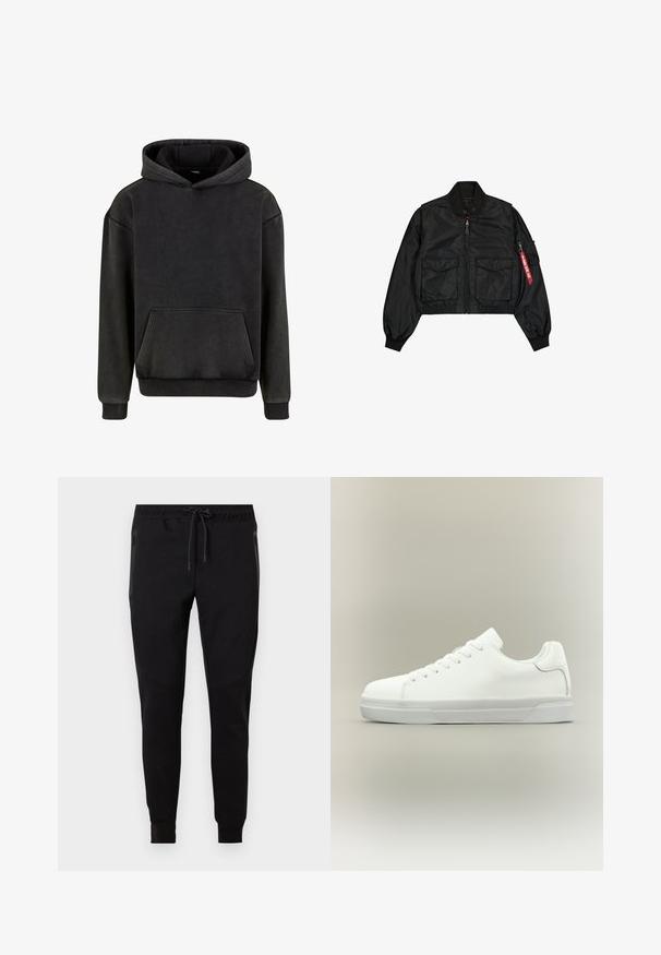 Μαύρο cropped bomber μπουφάν από σατινέ υλικό με στρογγυλή γιακά, δύο μπροστινές τσέπες και πλαϊνή τσέπη με φερμουάρ και κόκκινη ετικέτα.; Urban Classics Φούτερ με κουκούλα - magnet; Μαύροι στενοί αθλητικοί παντελόνες με ελαστική μέση, κορδόνι, πλαϊνές τσέπες με φερμουάρ και ριμπ μανσέτες στους αστραγάλους.; Λευκό χαμηλό αθλητικό παπούτσι με κορδόνια μπροστά, μαξιλαρωμένο κολάρο και υφασμένο λαστιχένιο πάτο, εμφανίζεται σε πλαϊνή όψη σε ουδέτερο φόντο.