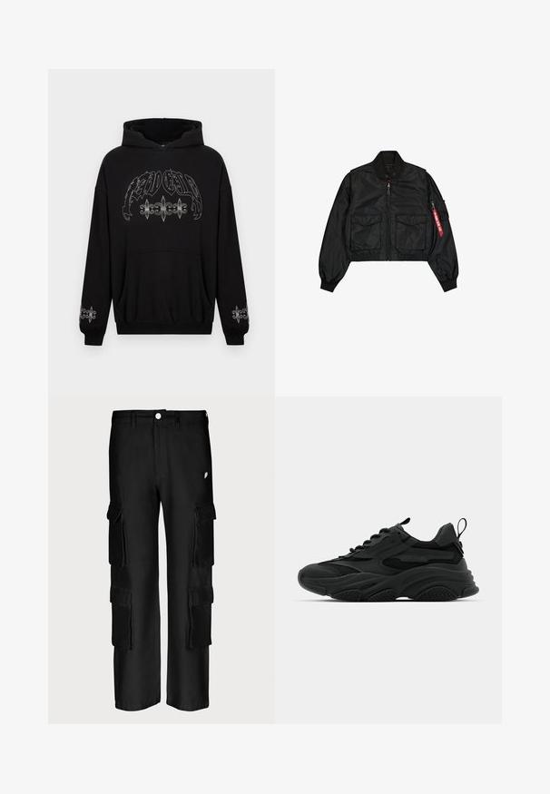 Μαύρο cropped bomber μπουφάν από σατινέ υλικό με στρογγυλή γιακά, δύο μπροστινές τσέπες και πλαϊνή τσέπη με φερμουάρ και κόκκινη ετικέτα.; Μαύρο φούτερ με κουκούλα και μπροστινή τσέπη, με μεταλλικό ασημένιο γραφικό τύπωμα και διακοσμητικά στοιχεία fleur-de-lis στα μανίκια. Μαλακό ύφασμα.; Μαύρο cargo παντελόνι με άνετη εφαρμογή, πολλές πλαϊνές τσέπες, κλείσιμο με κουμπί και λεία υφή υφάσματος.; Μαύρα αθλητικά sneakers με χοντρή σόλα, διχτυωτές επιφάνειες και ελαστικές λεπτομέρειες. Διαθέτουν υποδοχή στην φτέρνα και υφές.
