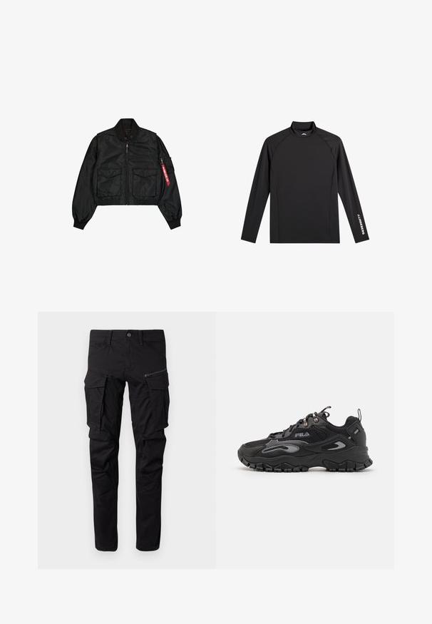 Zwarte cropped bomberjack van satijnachtig materiaal met ronde kraag, twee voorzakken en een zijrits zak met een rood label.; Zwart sporttopje met lange mouwen, opstaande kraag, slim fit en witte "J.Lindeberg"-logo op linkerarm en kraag.; Zwarte cargobroek gemaakt van duurzaam materiaal, met meerdere zijzakken, een ritszak, taps toelopende benen en versterkte stiksels.; Zwarte sneaker met een bovenwerk van mesh en synthetisch materiaal, rubberen zool, ronde neus en reflecterende accenten op de zijkanten en veters.