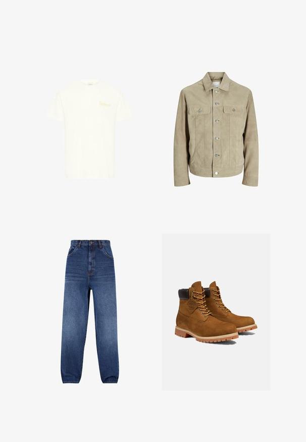 Veste en daim beige avec un col classique, des fermetures à boutons sur le devant, deux poches poitrine et une coupe droite. Texture lisse, sans motifs visibles.; T-shirt blanc à manches courtes avec col rond et petit texte "Soulscape" en jaune pâle sur la poitrine gauche, design simple.; Jean en denim bleu foncé. Design taille haute avec une coupe décontractée. Comprend des poches avant et un effet de décoloration subtil sur les jambes.; Bottines en daim marron avec un col rembourré noir, œillets dorés et semelle en caoutchouc épais avec un motif à crampons pour l'adhérence.