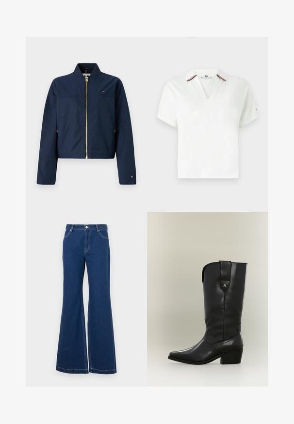 Veste de bombardier navy en tissu léger, dotée d'une fermeture éclair dorée, de poignets côtelés et de poches latérales avec un détail logo sur la manche.; T-shirt polo blanc avec un col en V et des manches courtes. Détails notables : un col à rayures rouges et bleues et un logo de marque sur la manche.; Jeans évasés bleu foncé en denim. Les caractéristiques incluent des passants de ceinture, des poches avant et des coutures contrastées. Ouverture de jambe large.; Botte de cow-boy haute en cuir noir avec bout pointu, talon épais et languette avec un petit logo doré.