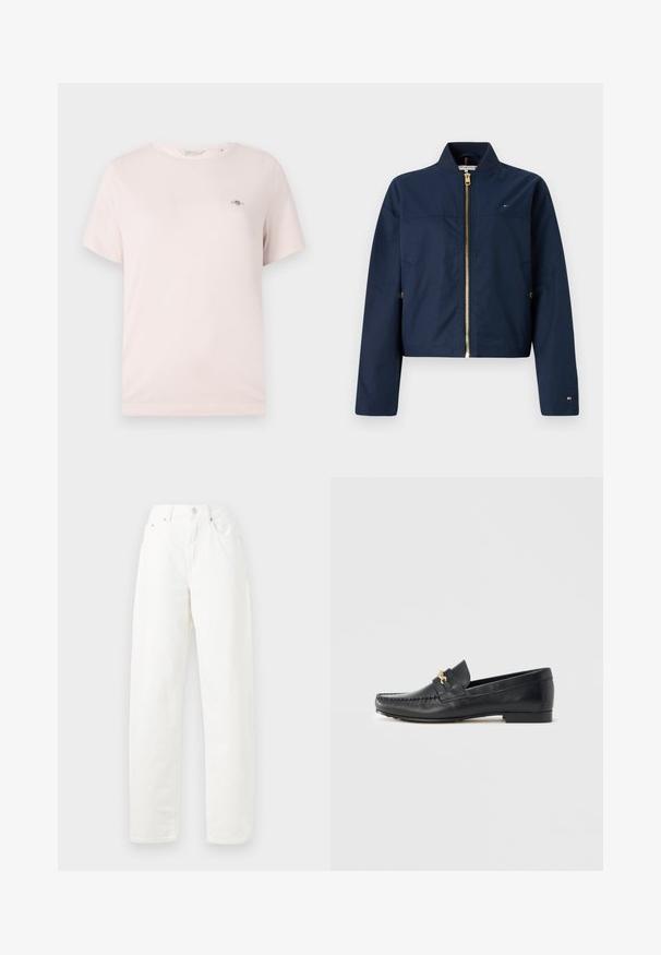 Veste de bombardier navy en tissu léger, dotée d'une fermeture éclair dorée, de poignets côtelés et de poches latérales avec un détail logo sur la manche.; T-shirt en coton rose clair avec col rond, manches courtes et petit logo sur la poitrine. Texture lisse, design décontracté.; Jean blanc taille haute en denim, avec une coupe droite, un design à cinq poches, une fermeture à bouton et une texture légère.; Mocassin en cuir noir avec garniture décorative en métal doré, coutures apparentes, bout légèrement pointu et semelle plate et minimaliste.