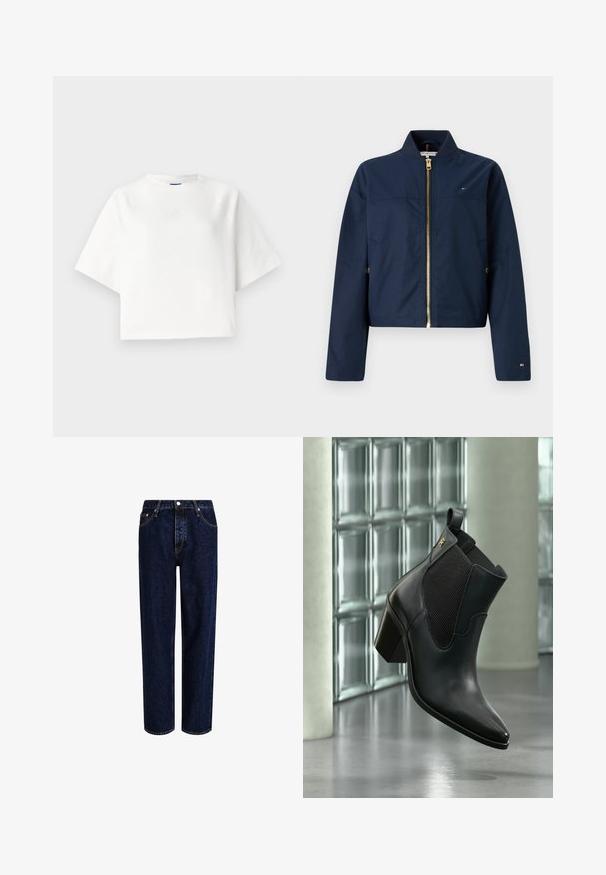 Chaqueta bomber navy hecha de un tejido ligero, con un zipper dorado, puños acanalados y bolsillos laterales con un detalle de logo en la manga.; Camiseta blanca de gran tamaño con mangas raglán cortas, hecha de una tela suave. Presenta un logotipo sutil en el pecho y un escote redondo.; Jeans de mezclilla azul oscuro con un diseño de pierna recta, que presentan una cintura alta, estilo de cinco bolsillos y costuras en contraste. Sin adornos.; Botín negro de cuero con tacón bloque y panel lateral elástico, flotando en interiores frente a una pared de bloques de vidrio y suelo de hormigón.
