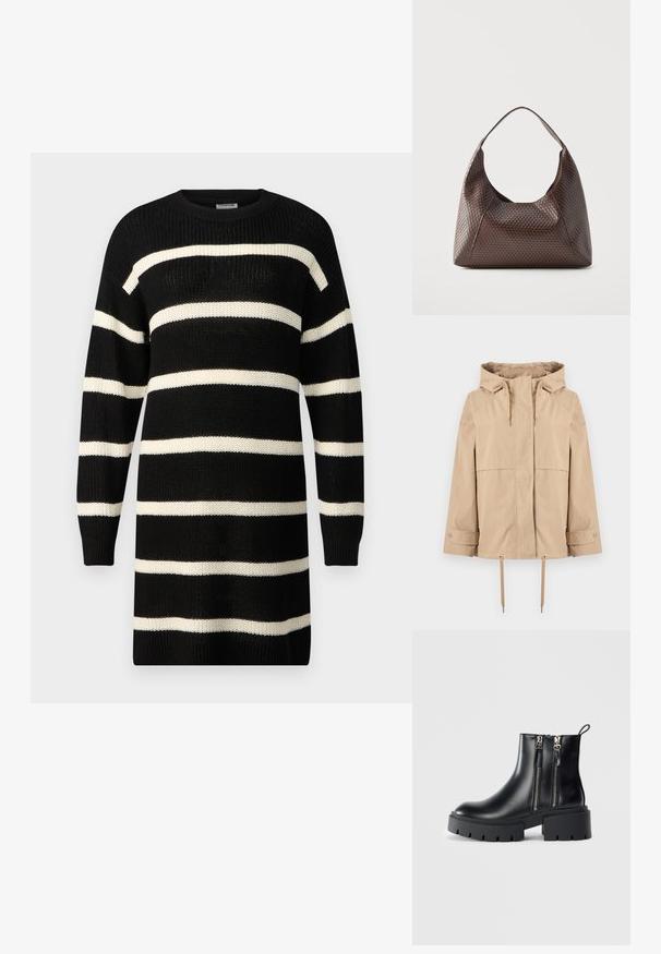 Beige Kapuzenjacke mit Frontreißverschluss, verstellbaren Kordelzügen an Kapuze und Saum, langen Ärmeln mit Druckknopfmanschetten und zwei Seitentaschen.; Schwarzes Strickkleid mit breiten horizontalen cremfarbenen Streifen, rundem Ausschnitt und langen Ärmeln. Strukturierter Stoff mit gerippten Bündchen und Saum.; Schwarze Leder-Stiefeletten mit stabilen Sohlen, seitlichen Reißverschlüssen und Absatz. Glatte Textur mit einer Schlaufe an der Rückseite für einfaches Anziehen.; Braune gewebte Lederschultertasche mit einem einzelnen breiten Riemen und einem lockeren, halbmondförmigen Körper.